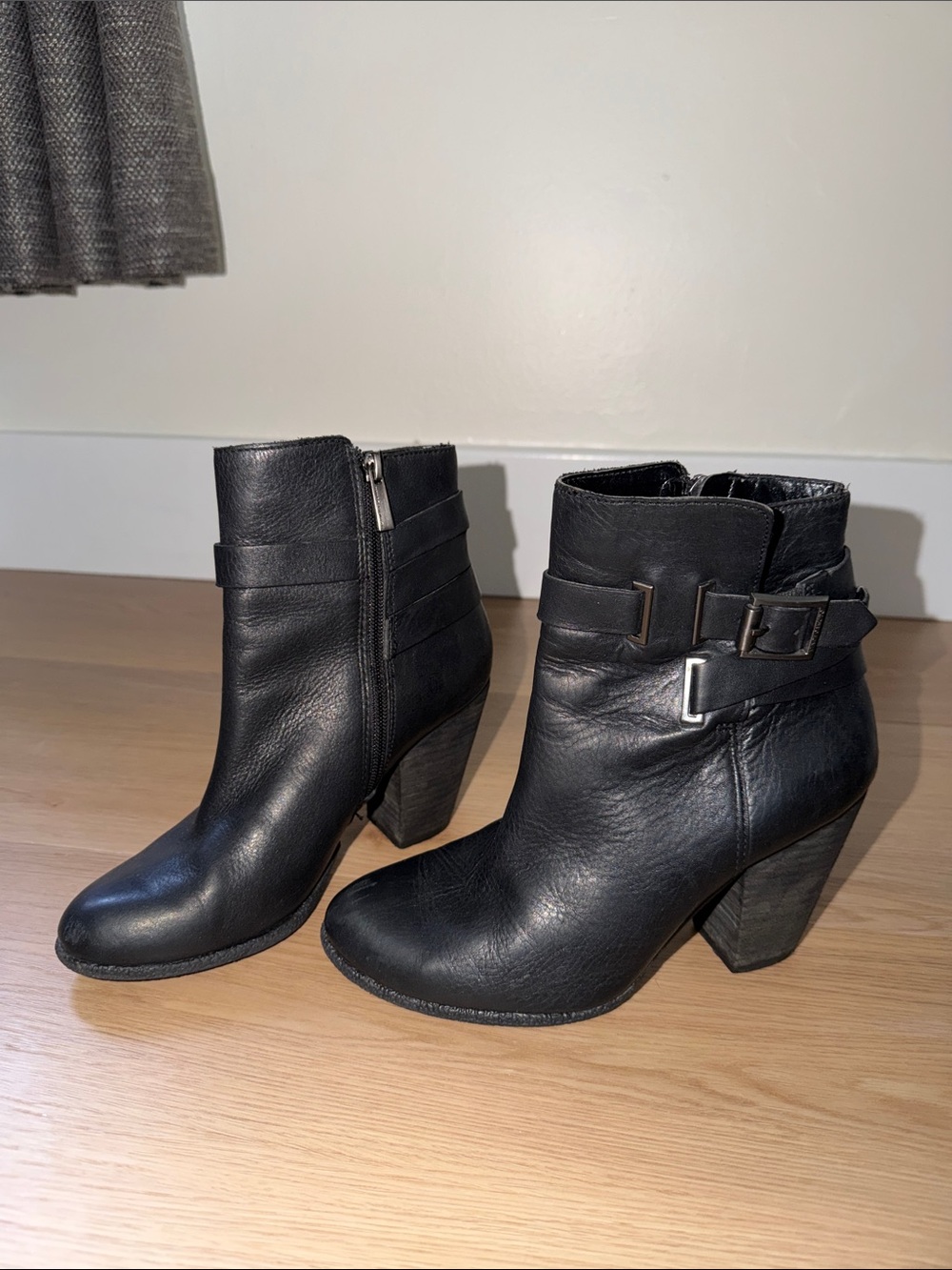 Vince Camuto Black Leather Buckle Block Heel Ankle Boots